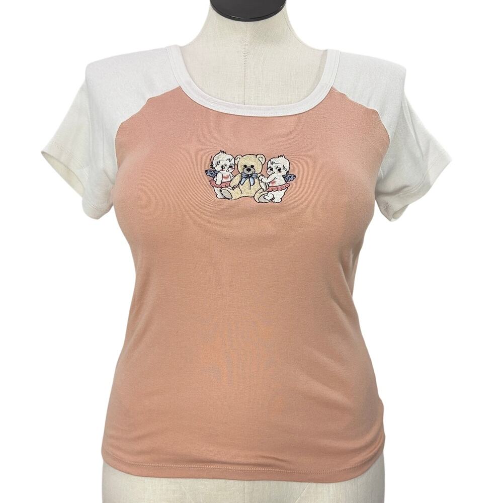 Vinyl Icons Size XL Baby Tee 90s Y2K Applique T-Shirt Angel Teddy Bear Coquette